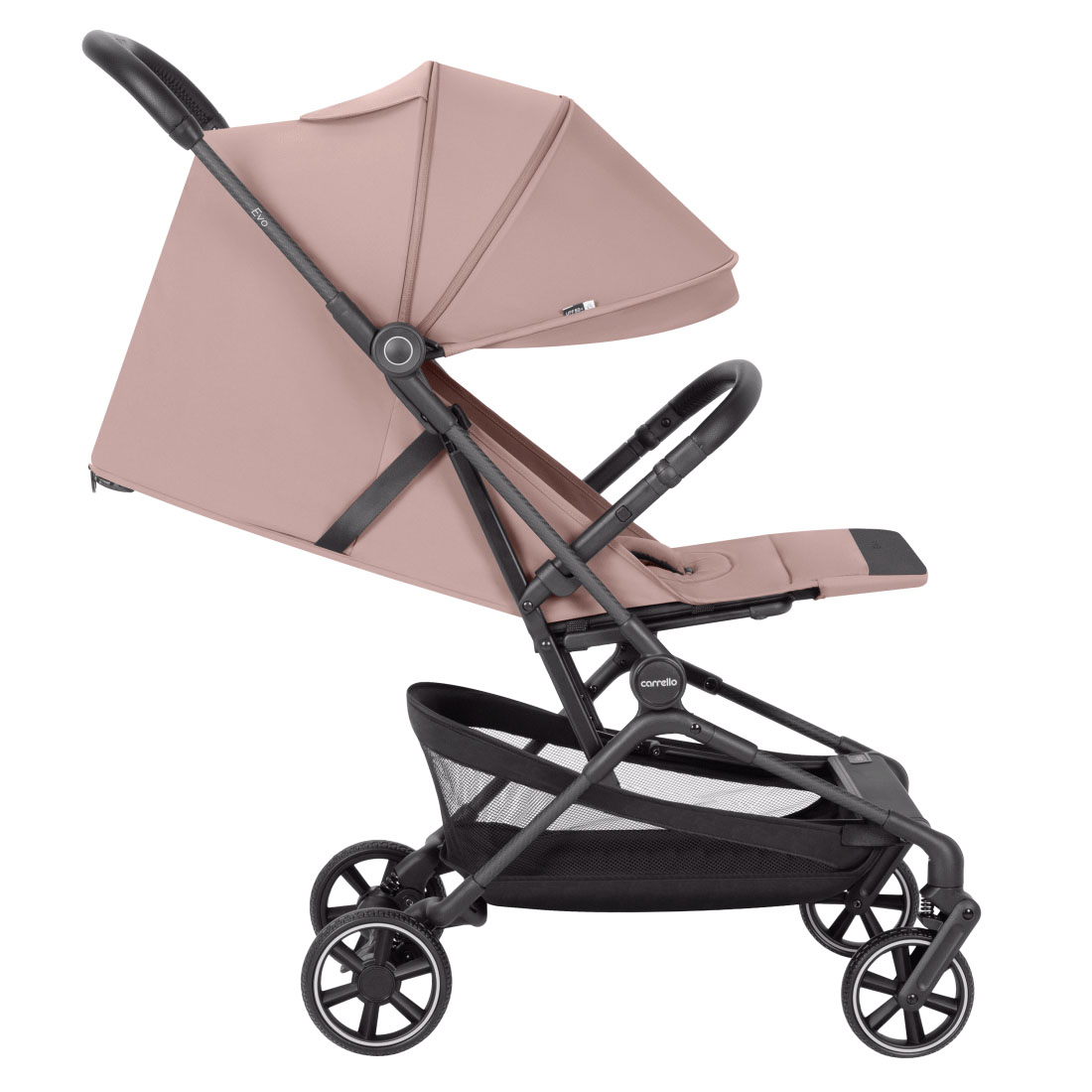 Прогулочная коляска Evo 2025 ANIM Наклон спинки регулируется ремнём и фиксируется в трёх положениях. Щелчок подтверждает надёжную фиксацию.